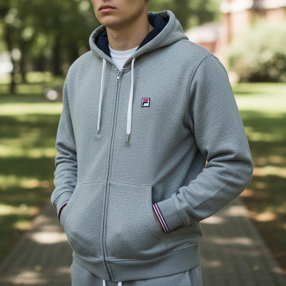 FILA (Hoodie) (L) [Gray] EXCELLENT Full Zip Logo Athletic Sweatshirt